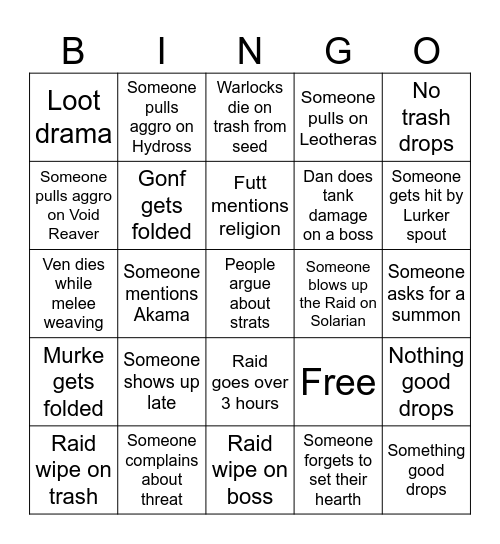Raid Night Bingo Card