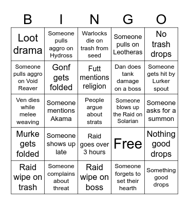 Raid Night Bingo Card