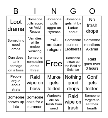 Raid Night Bingo Card