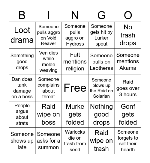 Raid Night Bingo Card