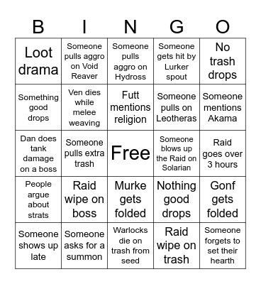 Raid Night Bingo Card