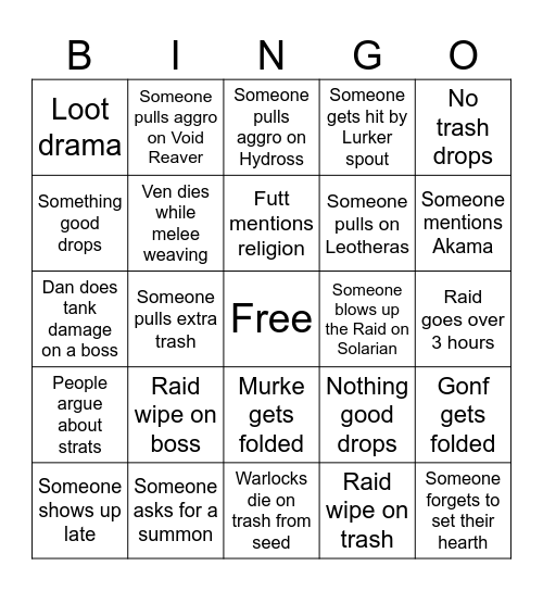 Raid Night Bingo Card