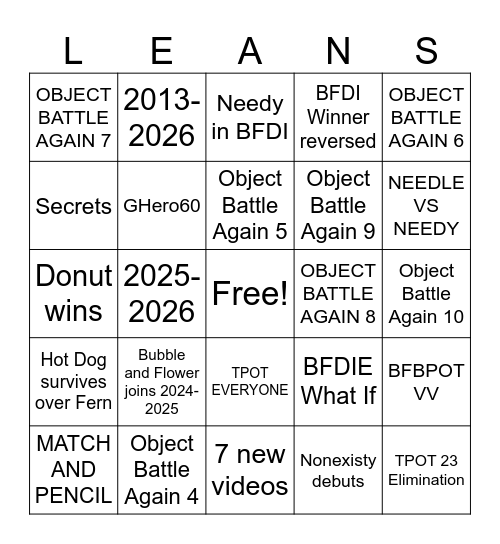 BFDI What Ifs Part 3 Bingo Card