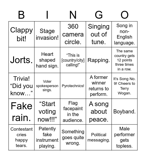 EUROVISION Bingo Card