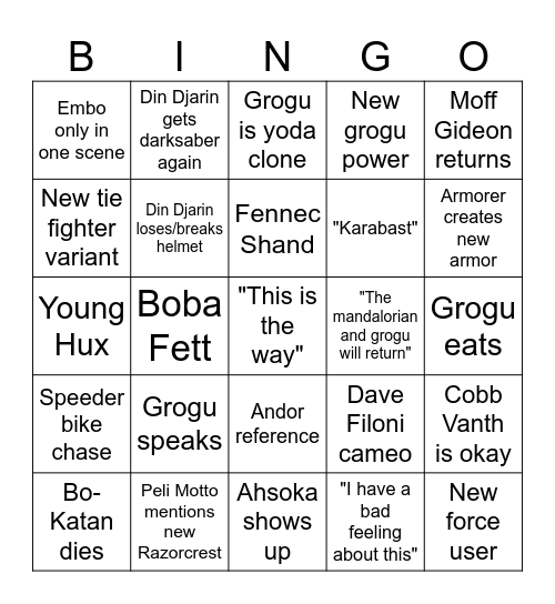 Bindalorian and Gogu Bingo Card