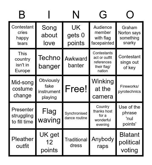 Eurovision Bingo Card