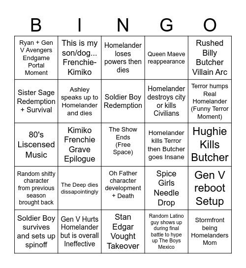 The Boys Finale Bingo Card