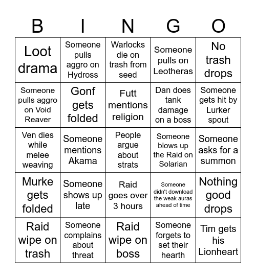 Raid Night Bingo Card