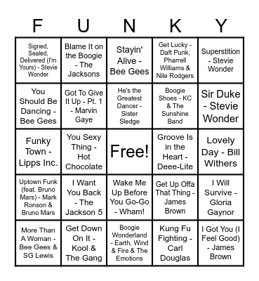 🪩 FUNKY TOWN MUSIC BINGO 🕺 Bingo Card