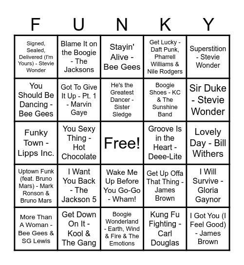 🪩 FUNKY TOWN MUSIC BINGO 🕺 Bingo Card