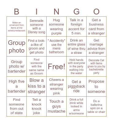 Bachelorette Party Bingo Card
