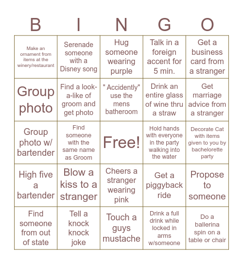 Bachelorette Party Bingo Card