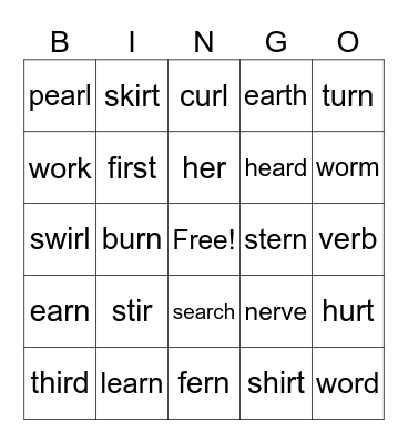 er / ir / ur / or / ear Bingo Card