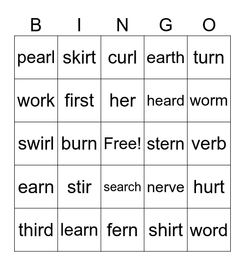 er / ir / ur / or / ear Bingo Card