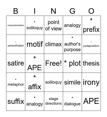 Honors Vocab Review Bingo Card