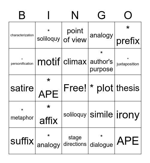 Honors Vocab Review Bingo Card