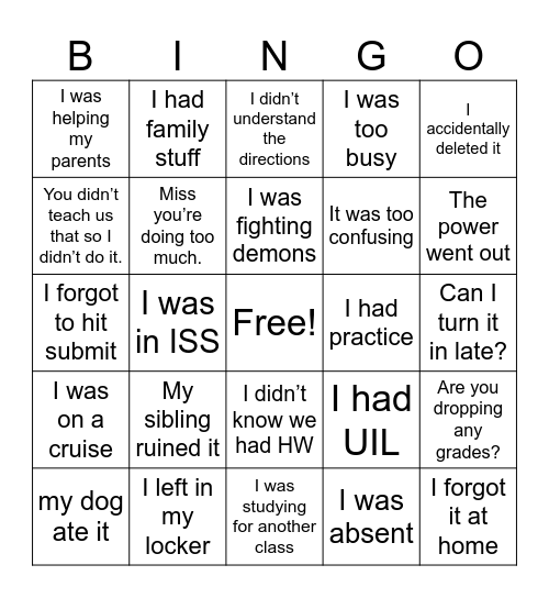 Homework Excuses Bingo Card