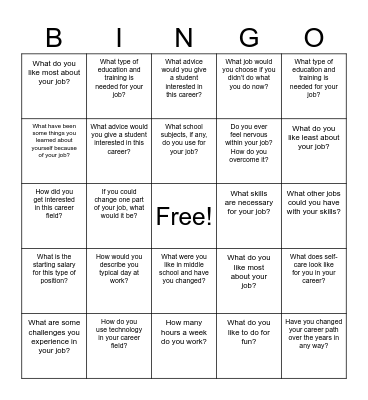 B.T. A. Career Day Questions Bingo Card