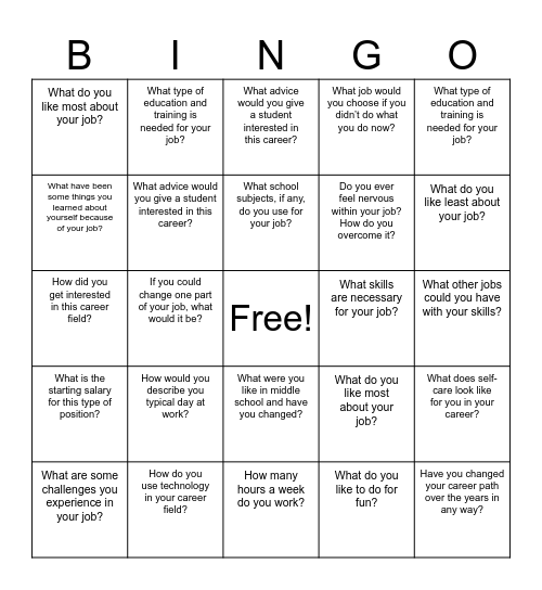 B.T. A. Career Day Questions Bingo Card