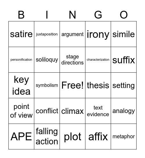 Honors Vocab Review Bingo Card