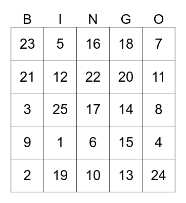 NUMBER Bingo Card