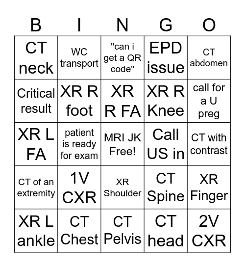 Radiolgy Bingo Card