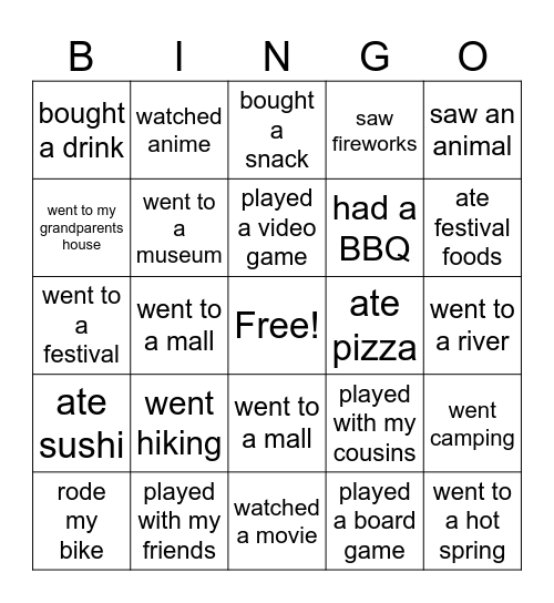Golden Week Bingo Card