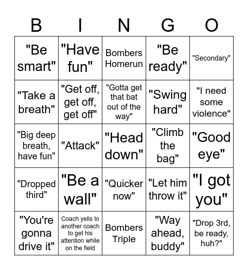 Bombers Baseball Bingo Card