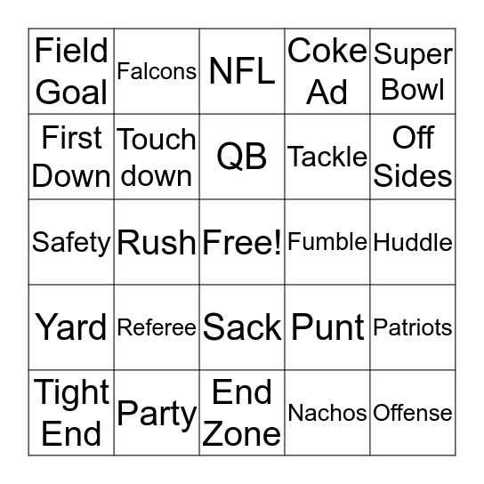 Super Bowl  Bingo Card