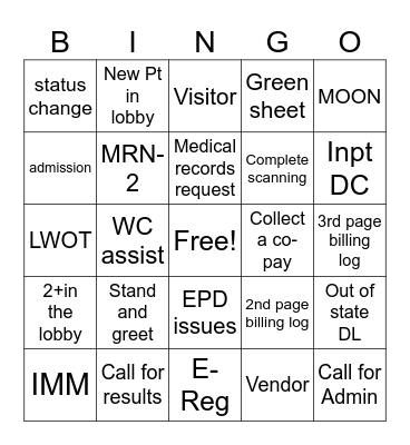 Front desk bingo Card