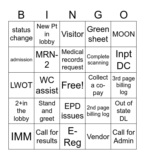 Front desk bingo Card
