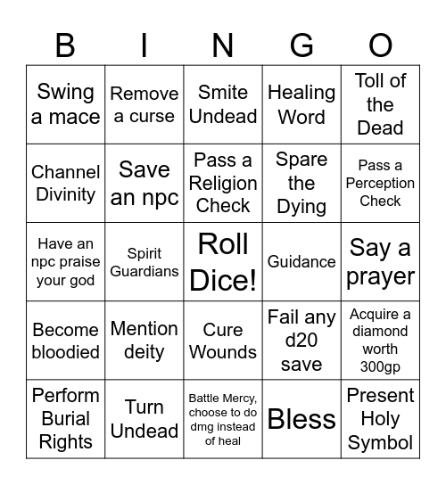 Cleric Bingo Card