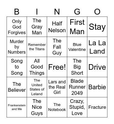 Ryan Gosling Movies Bingo Card