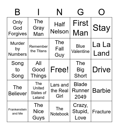 Ryan Gosling Movies Bingo Card