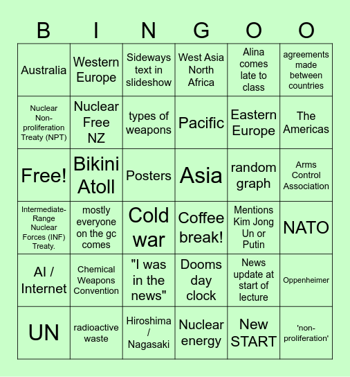 Legal 106 week 12 (21 May) Arms Control Bingo Card