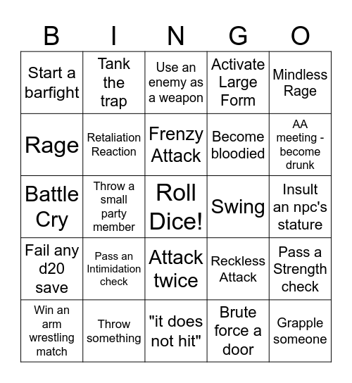 Barbarian Bingo Card