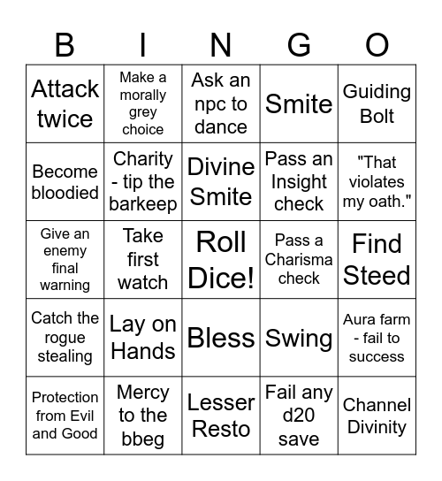 Paladin Bingo Card
