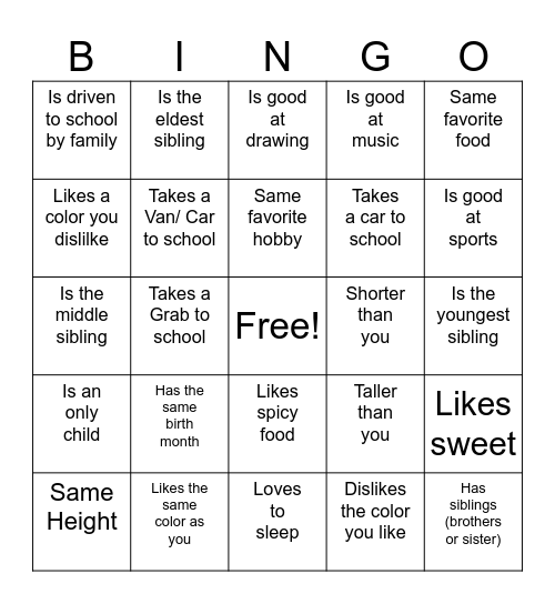 Get to know you Bingo Card