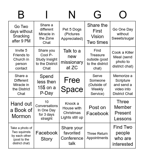 Missionary Bingo Card
