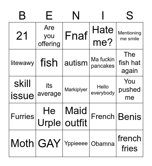 Benis board Bingo Card