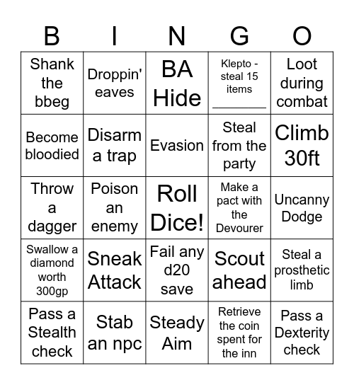 Rogue Bingo Card