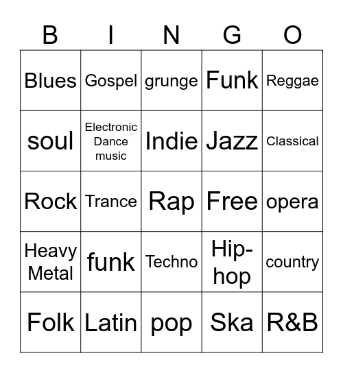 Music Genres Bingo Card