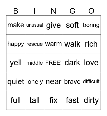 synonyms Bingo Card