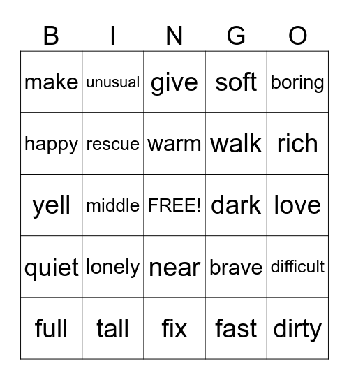 synonyms Bingo Card