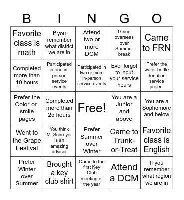 Key Club Bingo Card