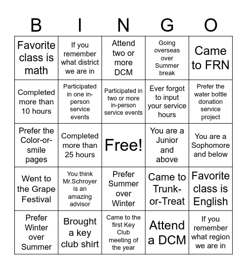 Key Club Bingo Card
