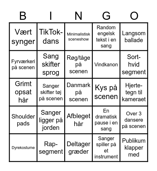 Eurovision 1 Bingo Card