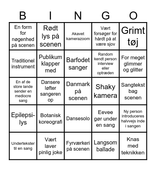 Eurovision 1 Bingo Card