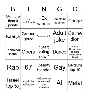 Eurovision 2026 bingo Card
