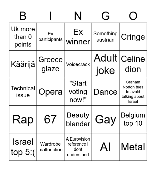 Eurovision 2026 bingo Card